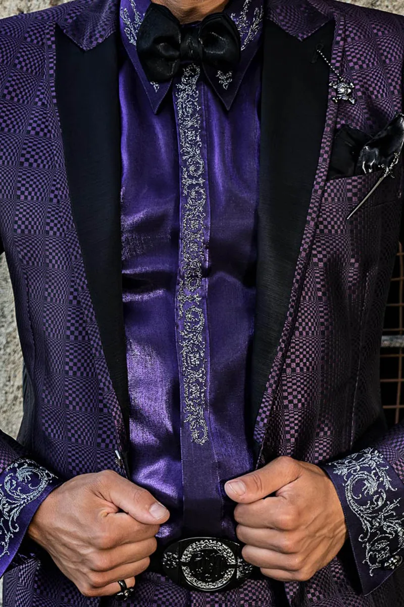 Camicia in tessuto lurex viola con ricamo drago argento-nero