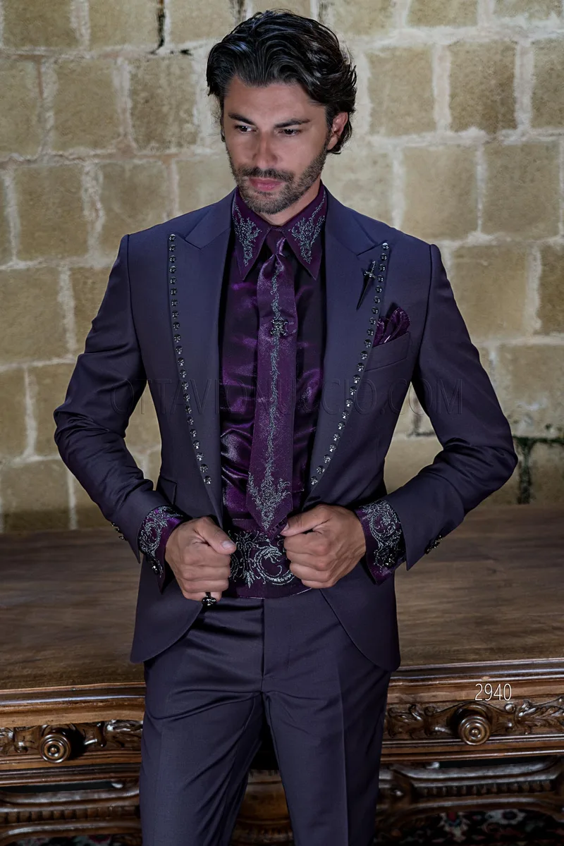 Men's purple vintage Gothic formal suit with skull transfer 1