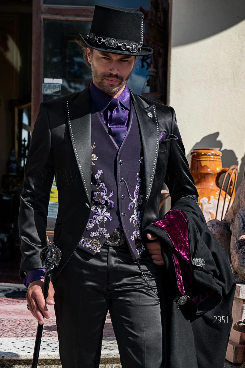 Abito uomo in raso nero con strass cristallo in stile steampunk vintage – Piano americano