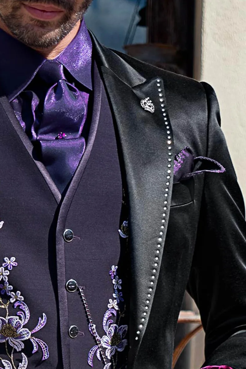 Cravatta 6,5 cm e Fazzoletto in lurex viola scuro