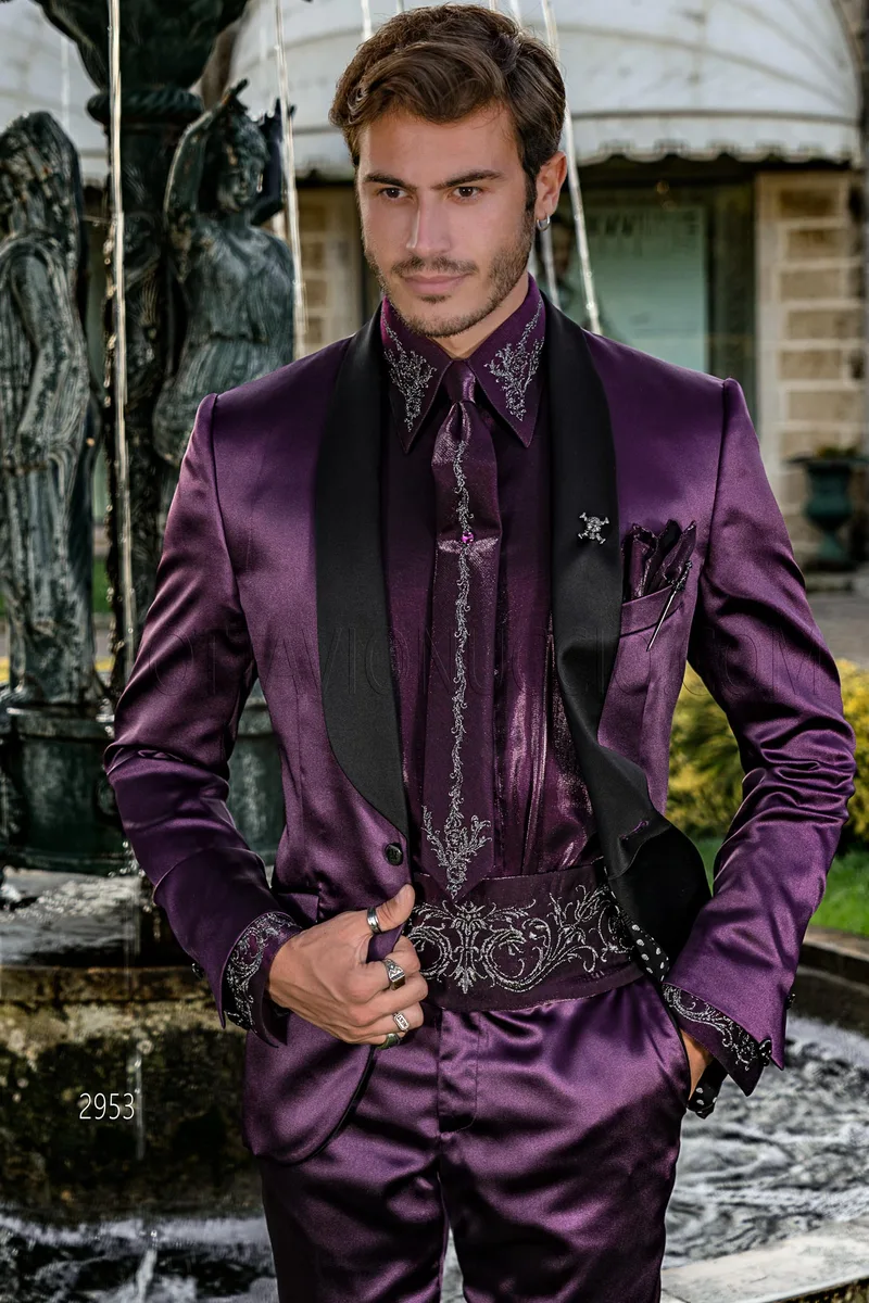 Smoking stile particolare moda in raso viola e pantalone nero – Piano americano