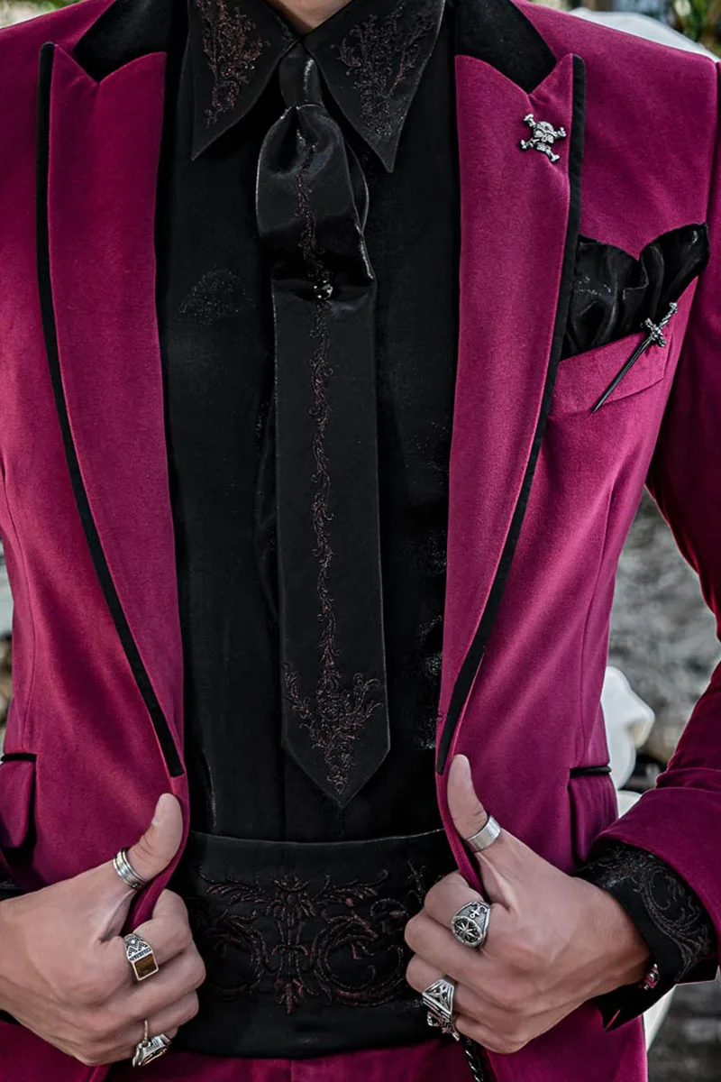 Black Lurex Shirt, Tie and Cummerbund Set with Embroidery