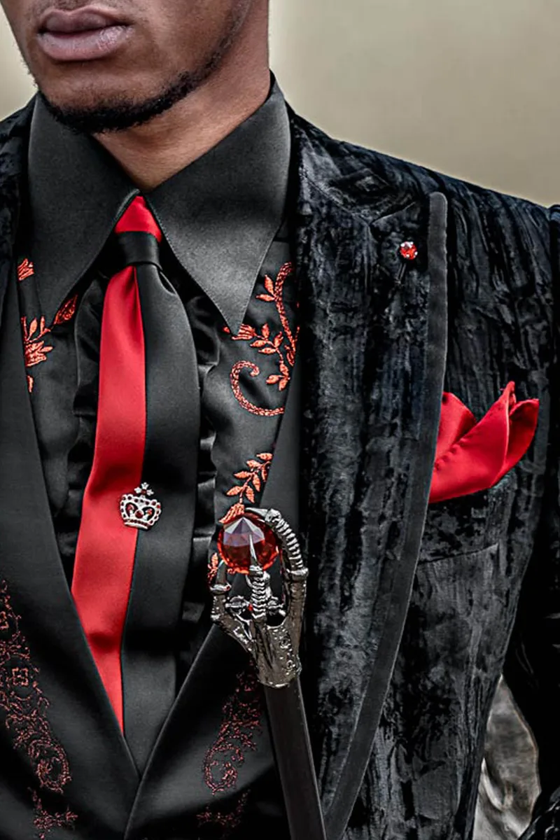 Cravattino bicolore in raso nero e rosso con fazzoletto