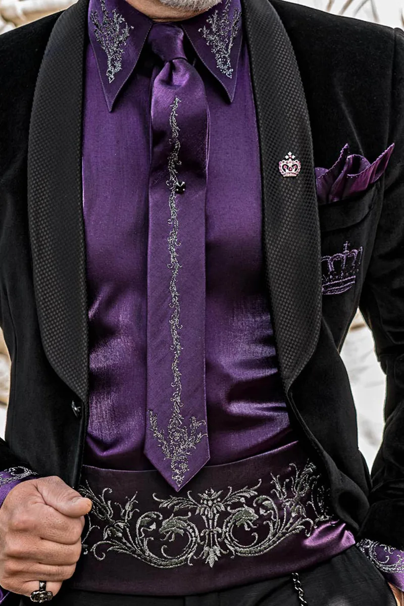 Dark Purple Lurex Shirt, Tie and Cummerbund Set with Embroidery