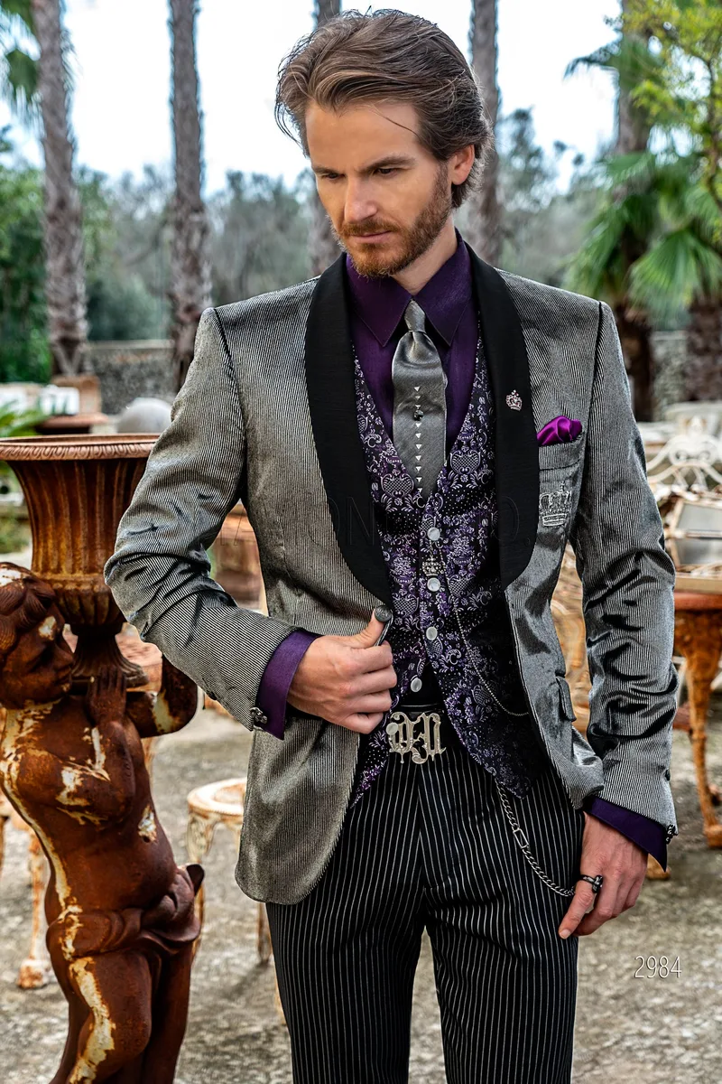 Men's fashion tuxedo in silver grey velvet with black satin shawl collar 1