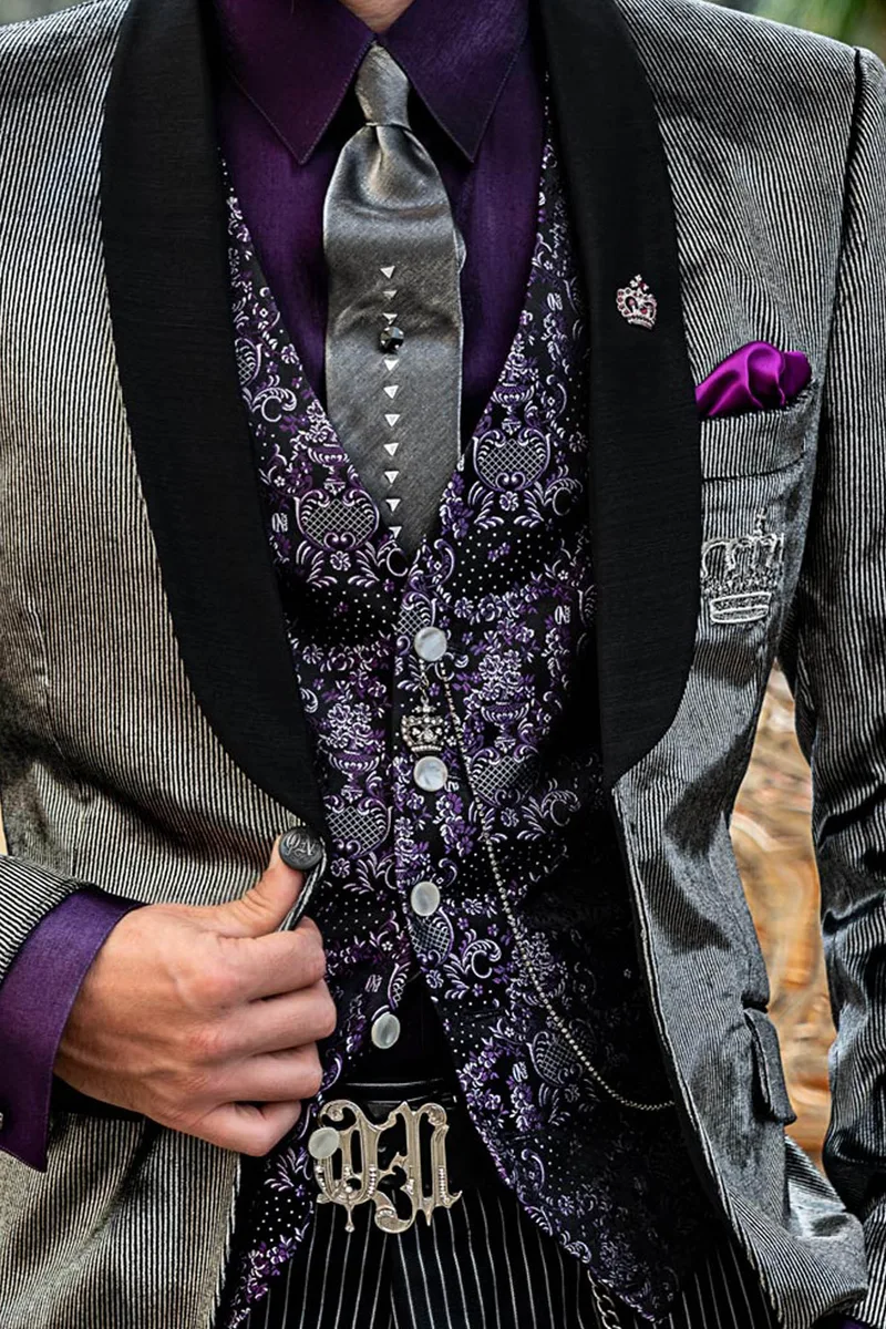 Gilet in pura seta jacquard nera e viola