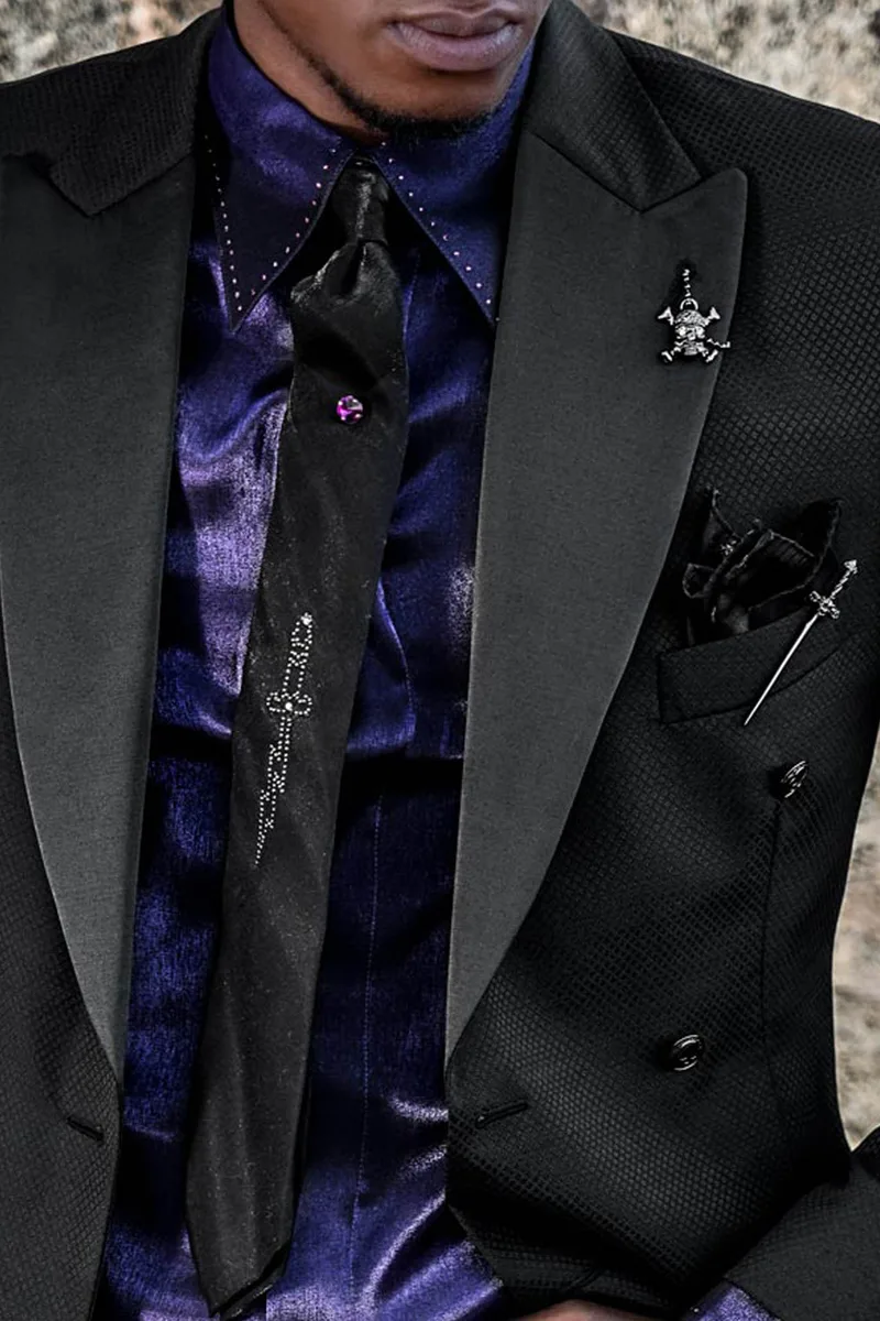 Cravatta e Fazzoletto in lurex nero con applicazioni