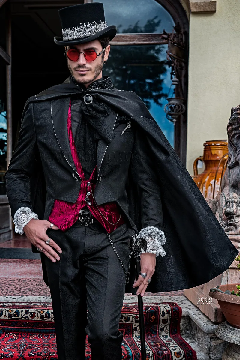 Distinctive men's steampunk-style tailcoat in silk blend with crystal rhinestones – Three-quarter view