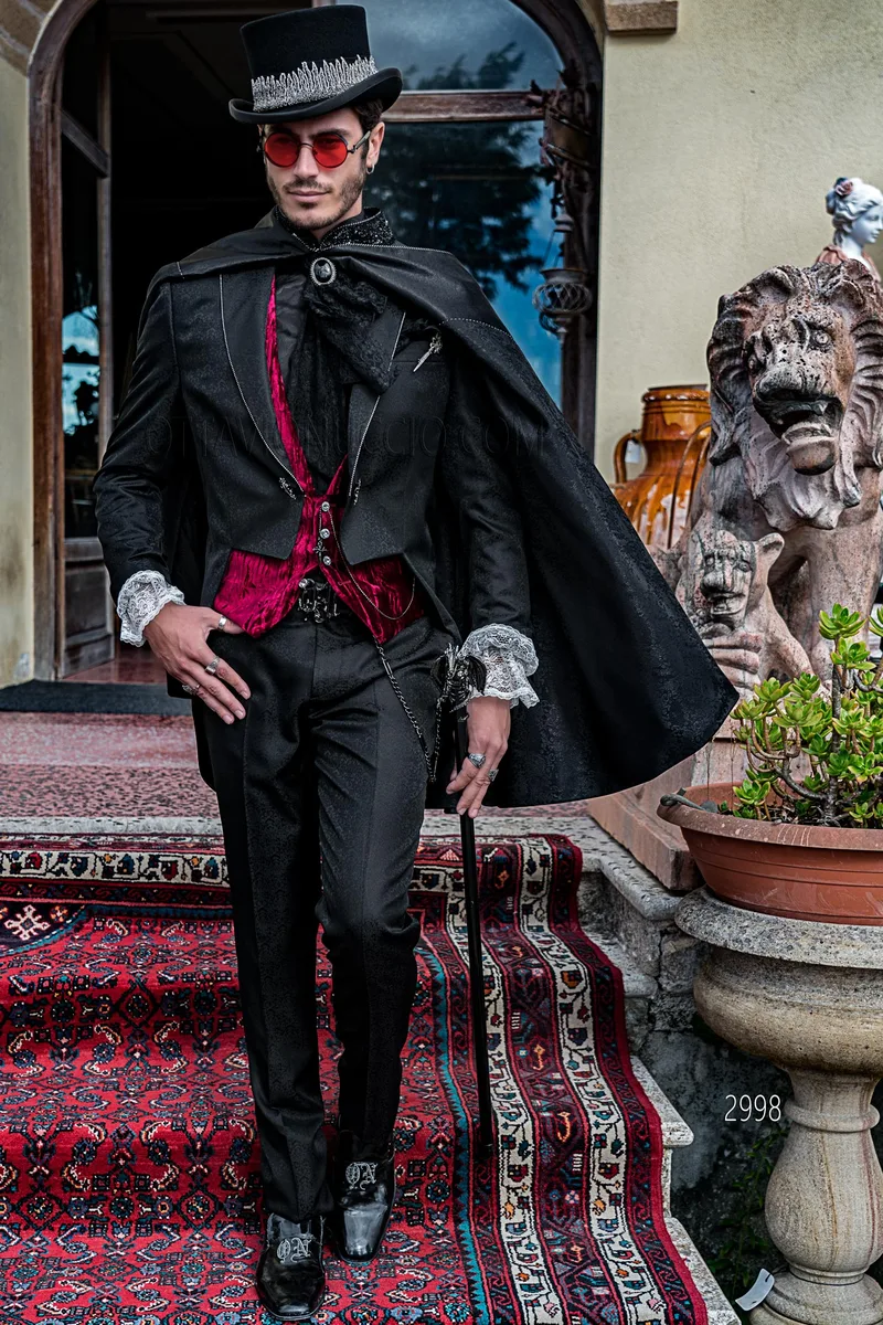Distinctive men's steampunk-style tailcoat in silk blend with crystal rhinestones – Full-length view