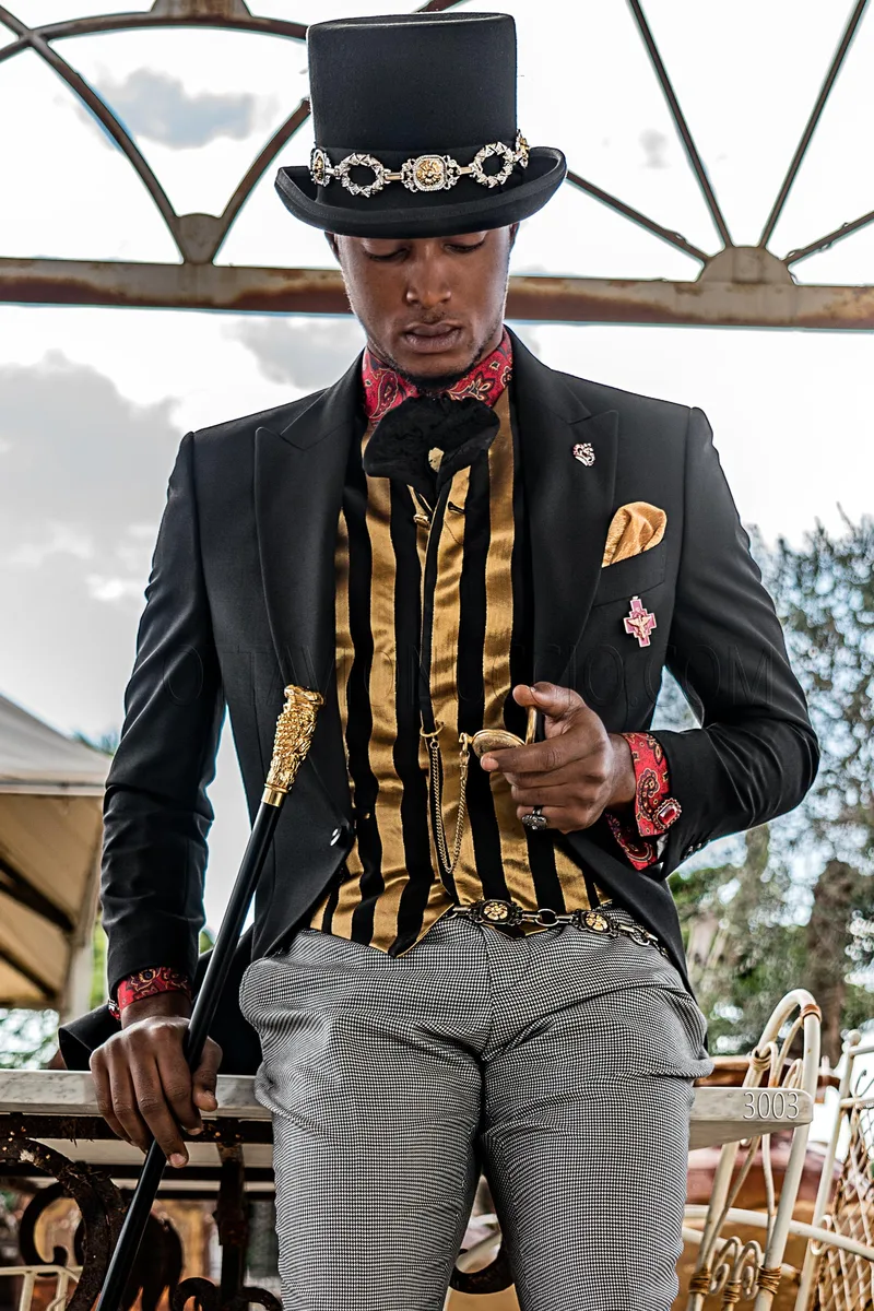 Abito uomo stile steampunk in misto lana nero, pantalone pied-de-poule – Piano americano