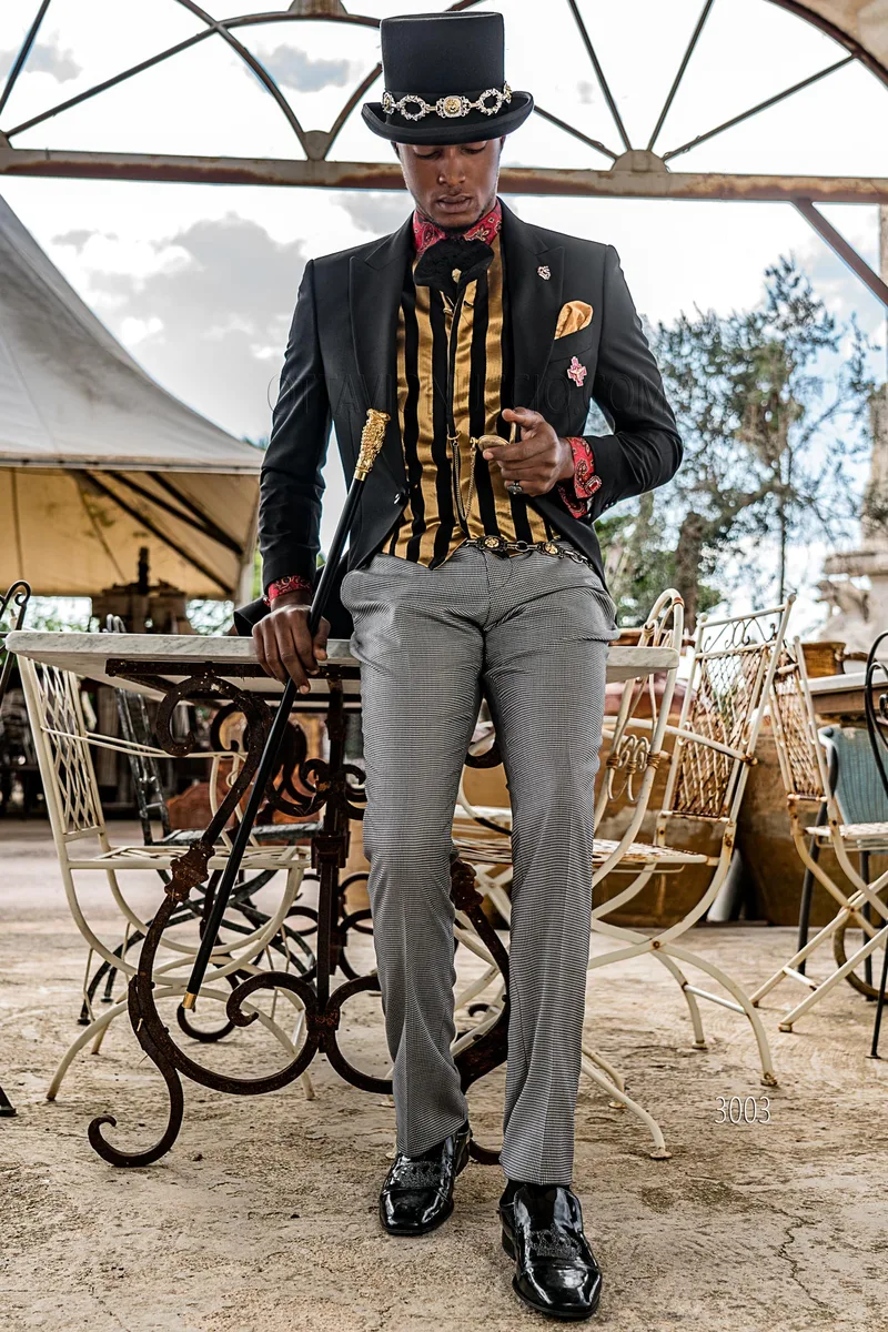 Abito uomo stile steampunk in misto lana nero, pantalone pied-de-poule – Figura intera