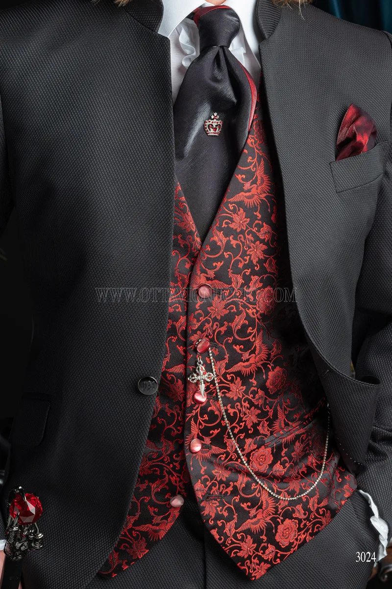 Weste mit 5 Knöpfen aus reiner Jacquard-Seide in Schwarz und Rot