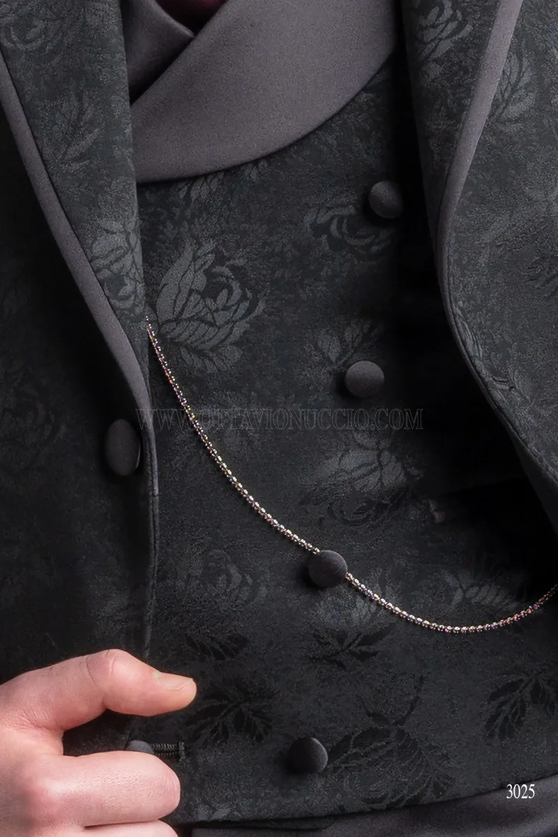 Gilet doppiopetto tessuto floreale nero, rever sciallato in raso