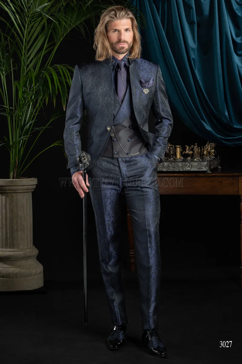 Blue damask groom suit with mandarin collar 2