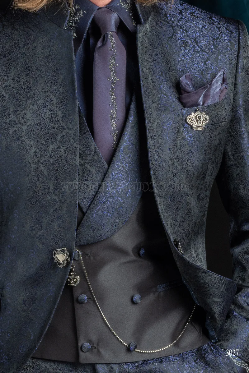 Blue damask groom suit with mandarin collar 3