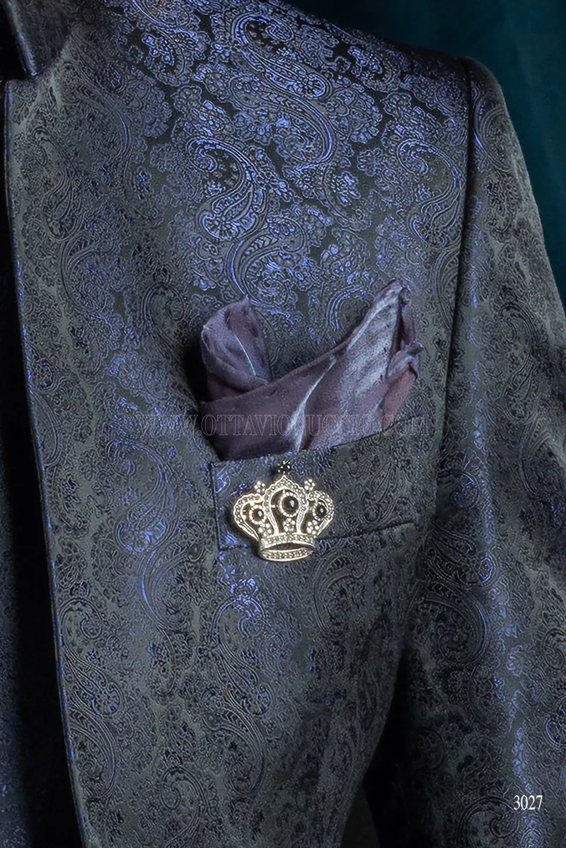 Blue damask groom suit with mandarin collar 4