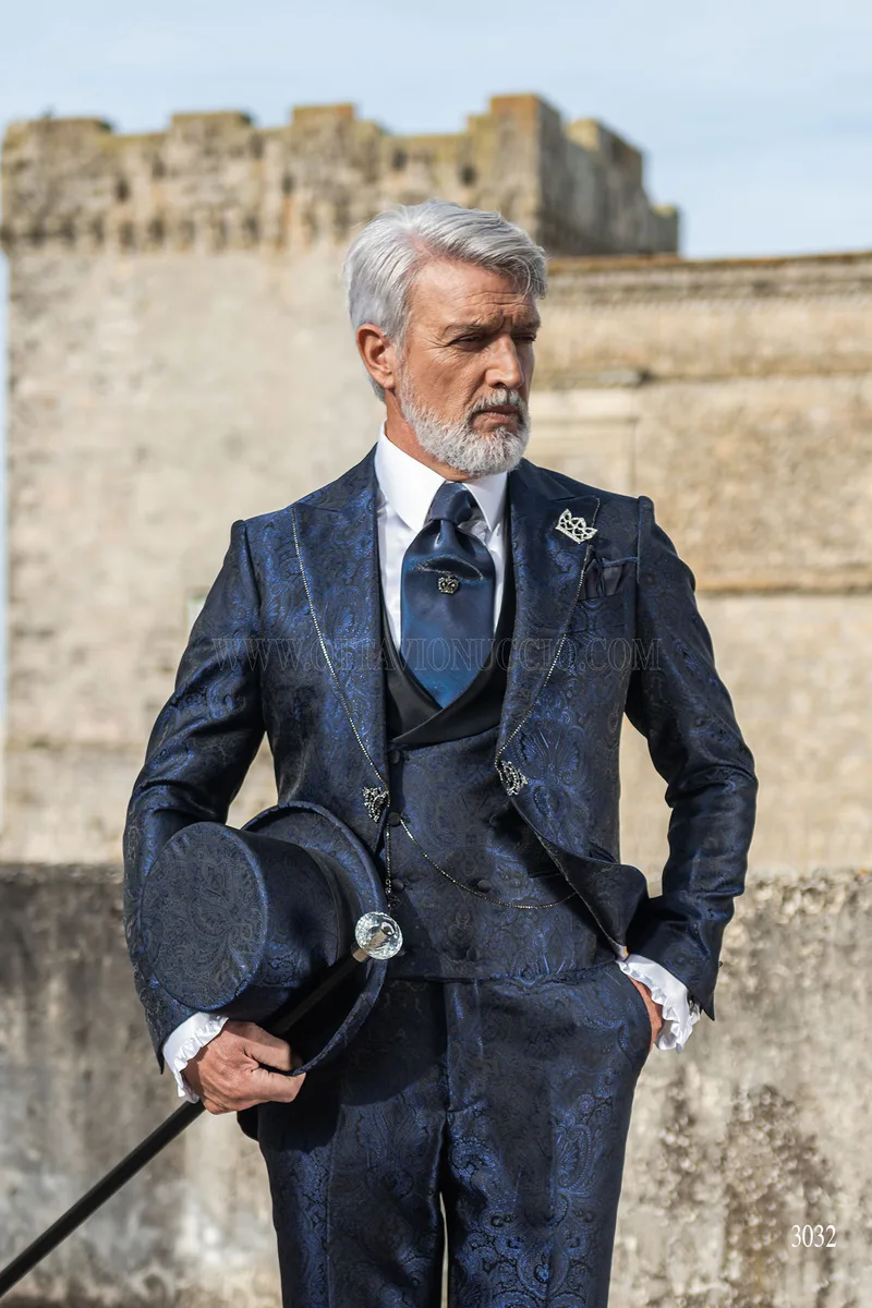Blue damask frock coat groom suit with rhinestones on the lapel edging 1