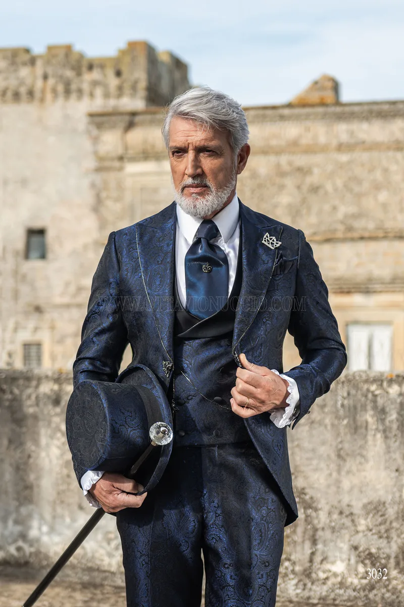 Blue damask frock coat groom suit with rhinestones on the lapel edging 2