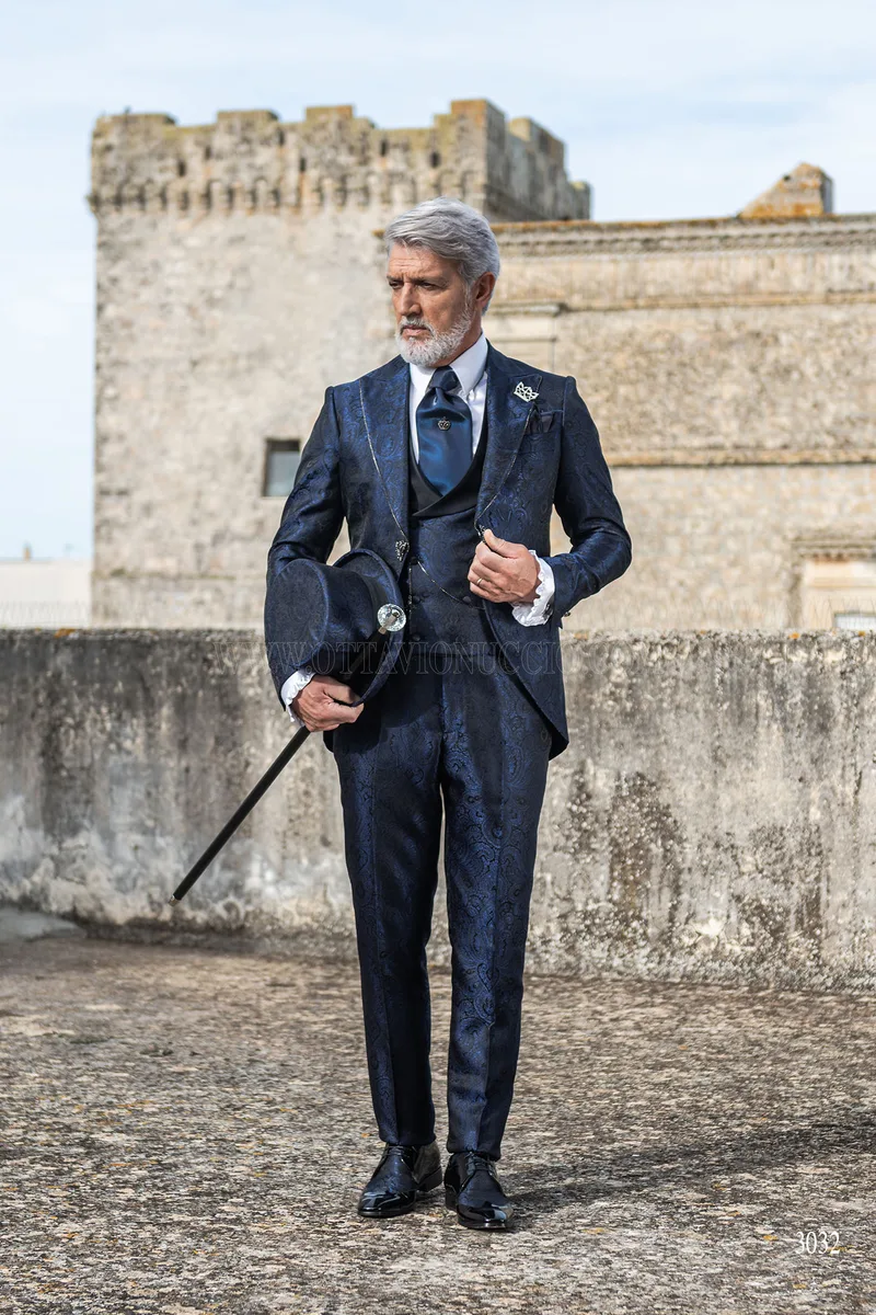Blue damask frock coat groom suit with rhinestones on the lapel edging 3