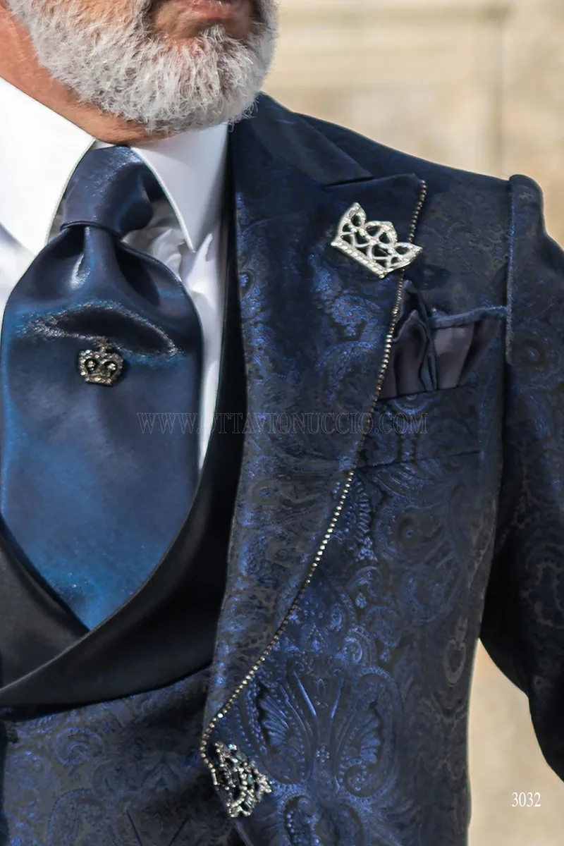 Blue damask frock coat groom suit with rhinestones on the lapel edging 4