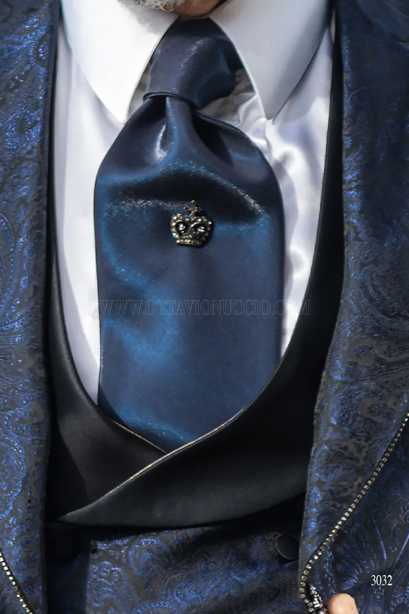 Blue damask frock coat groom suit with rhinestones on the lapel edging 5