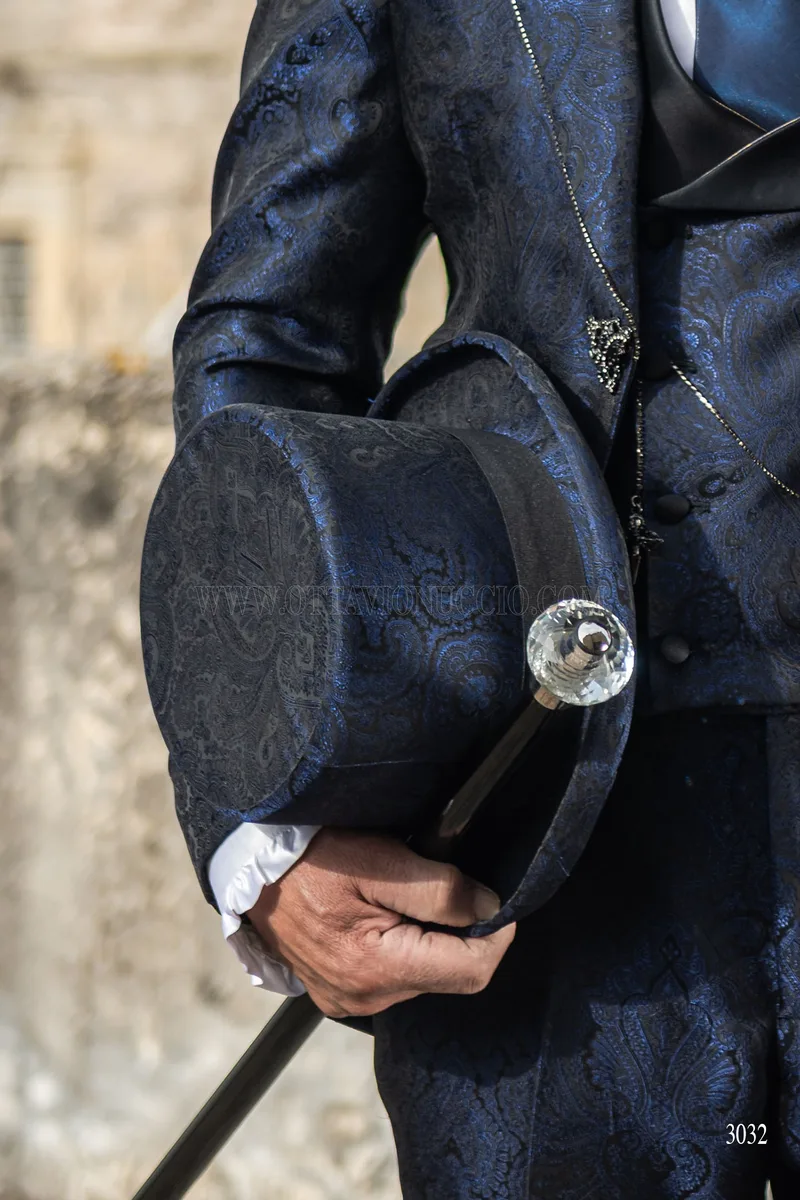 Blue damask frock coat groom suit with rhinestones on the lapel edging 6
