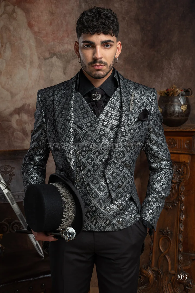 Frac hombre estilo gótico de lujo adamascado negro y plata 1