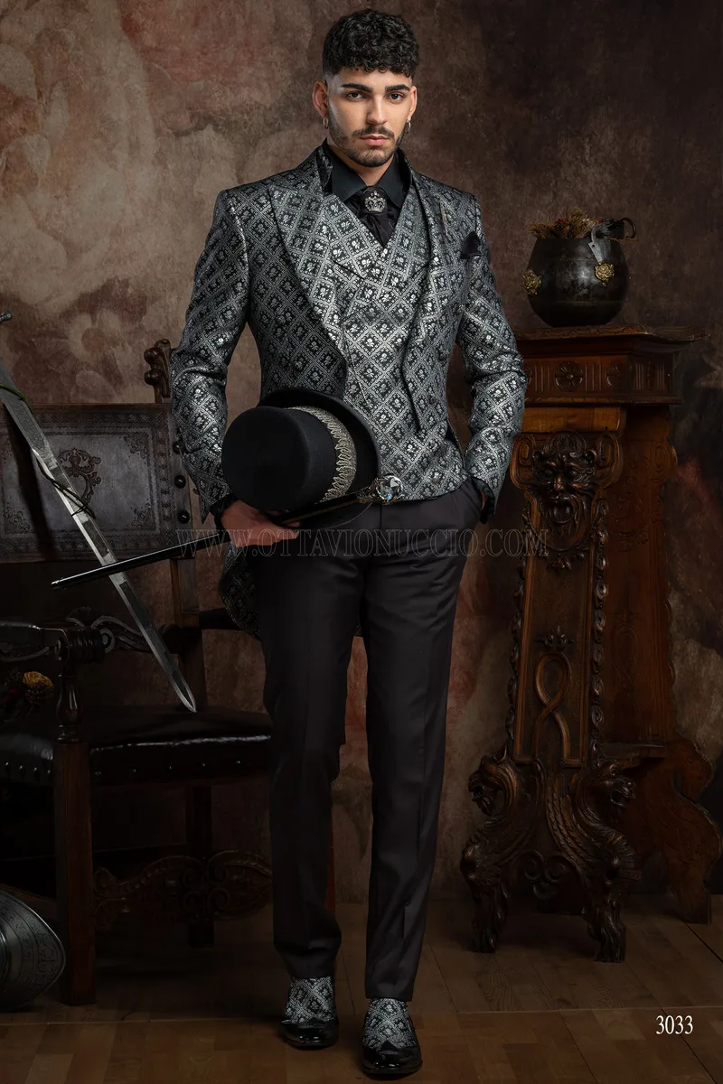 Frac hombre estilo gótico de lujo adamascado negro y plata 2