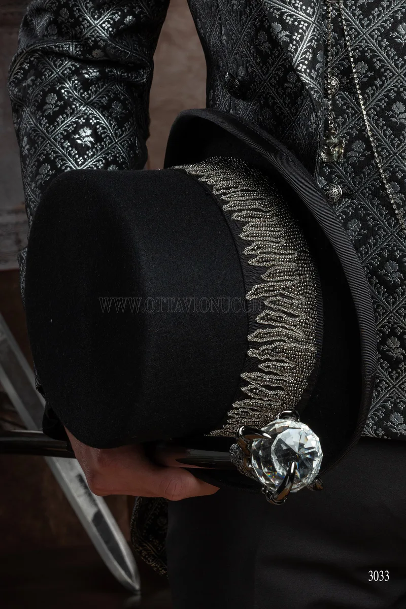 Frac hombre estilo gótico de lujo adamascado negro y plata 8