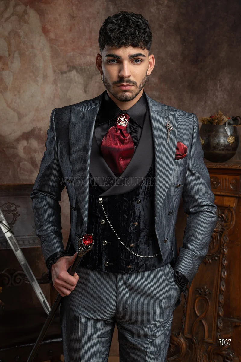 Frac homme de style gothique gris à rayures tennis avec gilet en velours noir 1