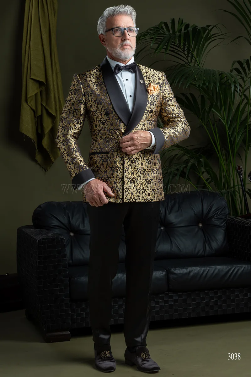 Luxury double-breasted shawl lapel tuxedo in black and gold pure silk, satin lapels 1