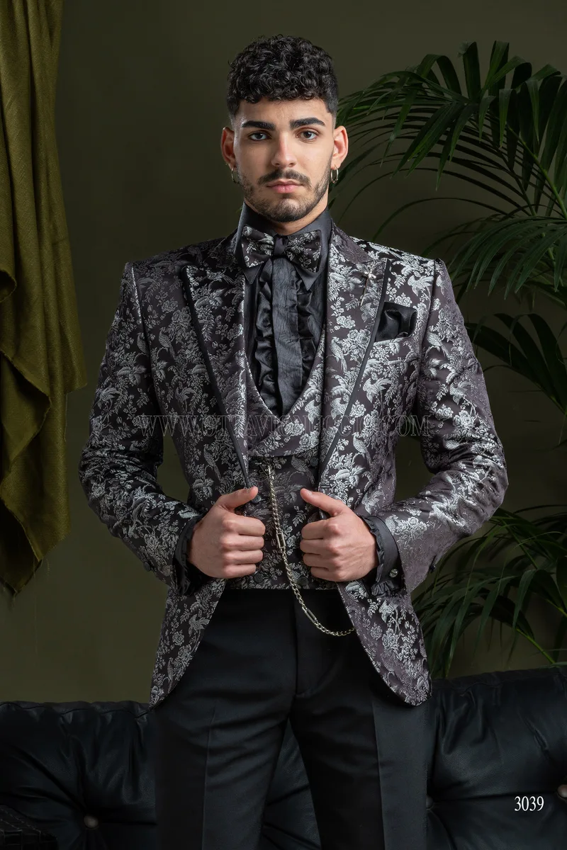 Herren-Blazersakko aus reinem Seiden-Jacquard in Schwarz-Silber 1