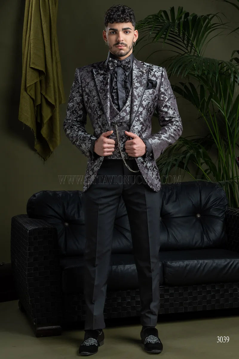 Herren-Blazersakko aus reinem Seiden-Jacquard in Schwarz-Silber 2