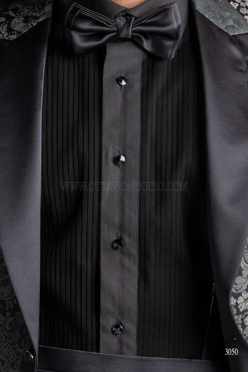 Camicia nera Tuxedo in cotone con plissé, gemelli neri