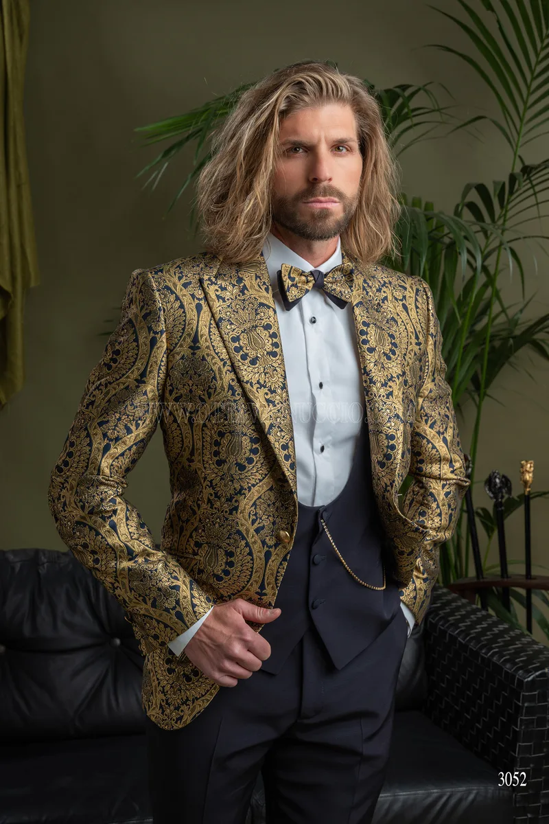 Chaqueta de hombre especial adamascada oro azul 1