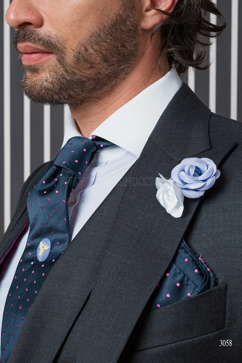 Tie and Handkerchief in blue silk with pink polka dots