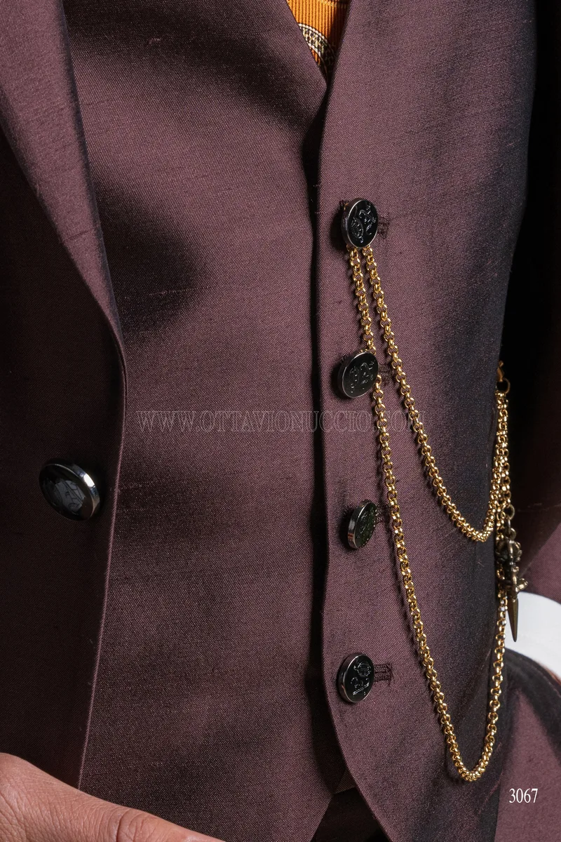 Men's 3 piece suit in brown silk blend shantung – Buttons