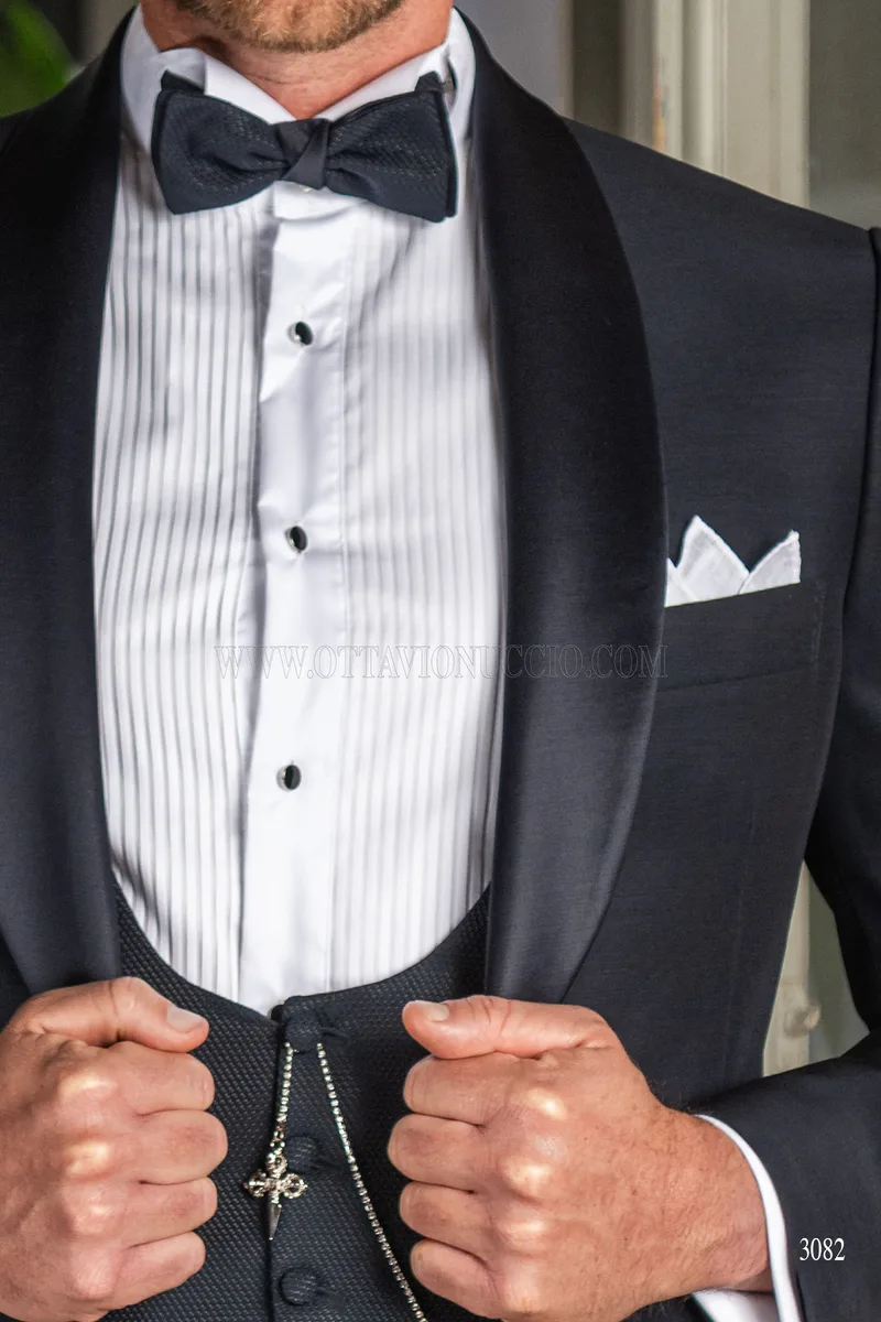 Esmoquin italiano azul de lujo para hombre con solapa chal 5