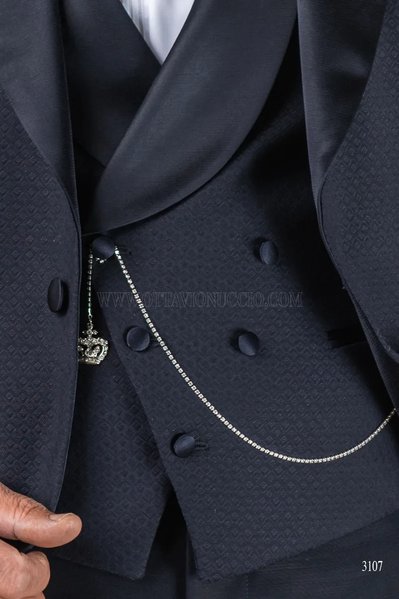 Gilet asimmetrico doppiopetto sciallato blu jacquard rever in raso