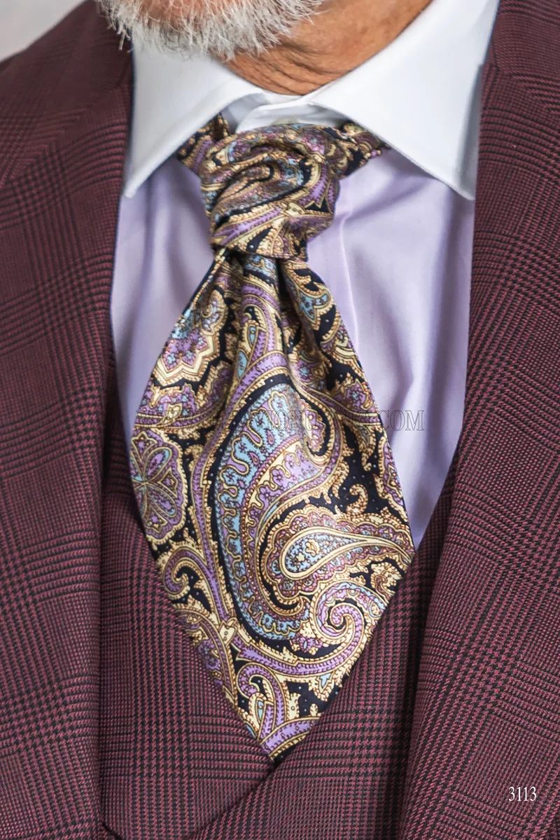 Cravattone e fazzoletto in seta disegno Paisley blu