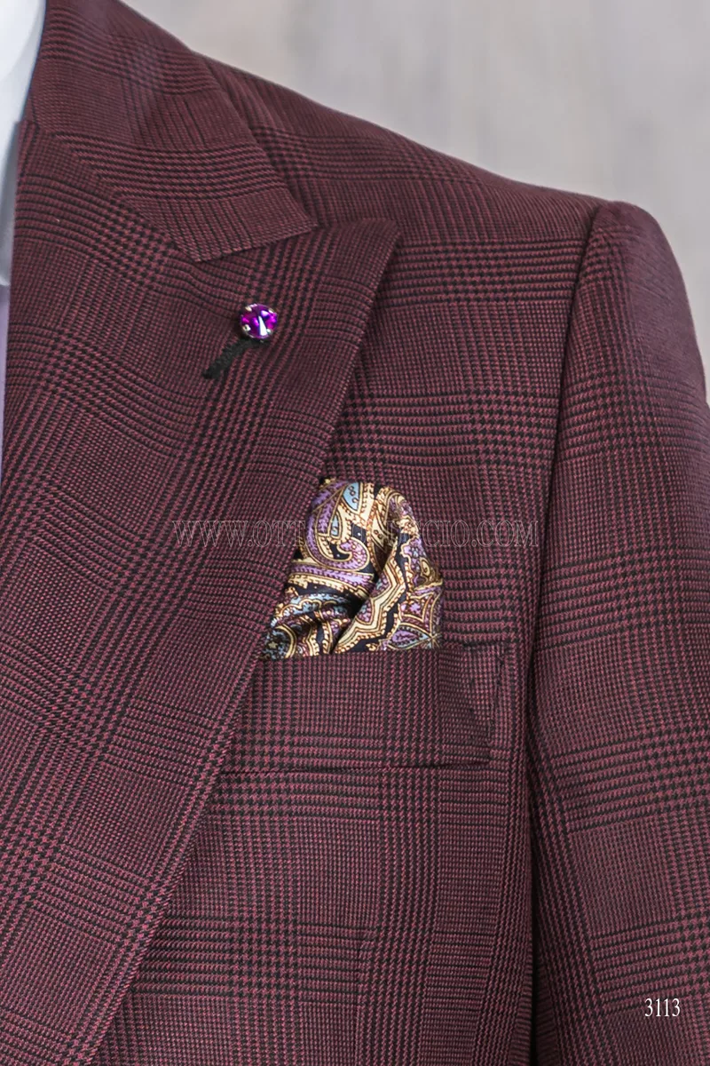 Moderner bordeauxroter Cut-Hochzeitsanzug aus Glencheck 6