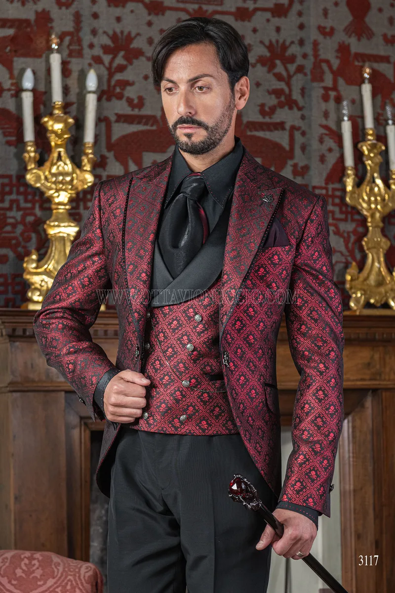 Gothic frock coat groom suit in red and black checked brocade 1