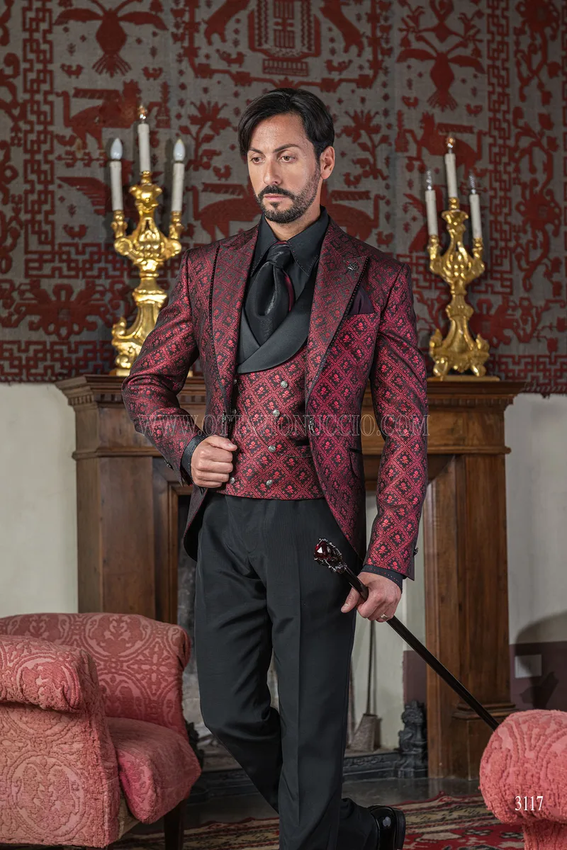 Gothic frock coat groom suit in red and black checked brocade 2