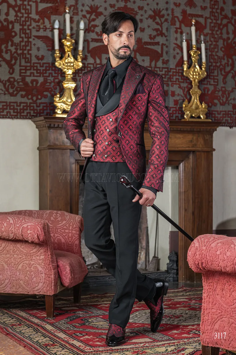 Gothic frock coat groom suit in red and black checked brocade 3