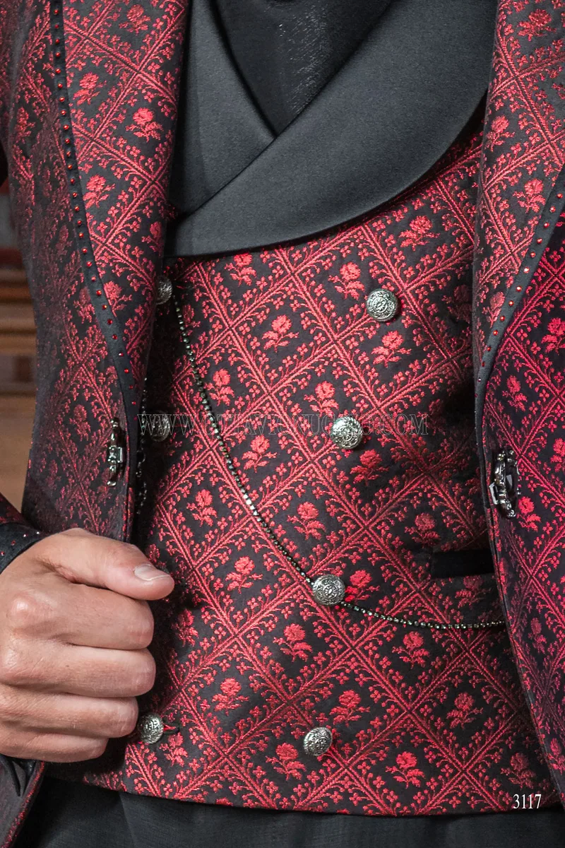 Gothic frock coat groom suit in red and black checked brocade 4
