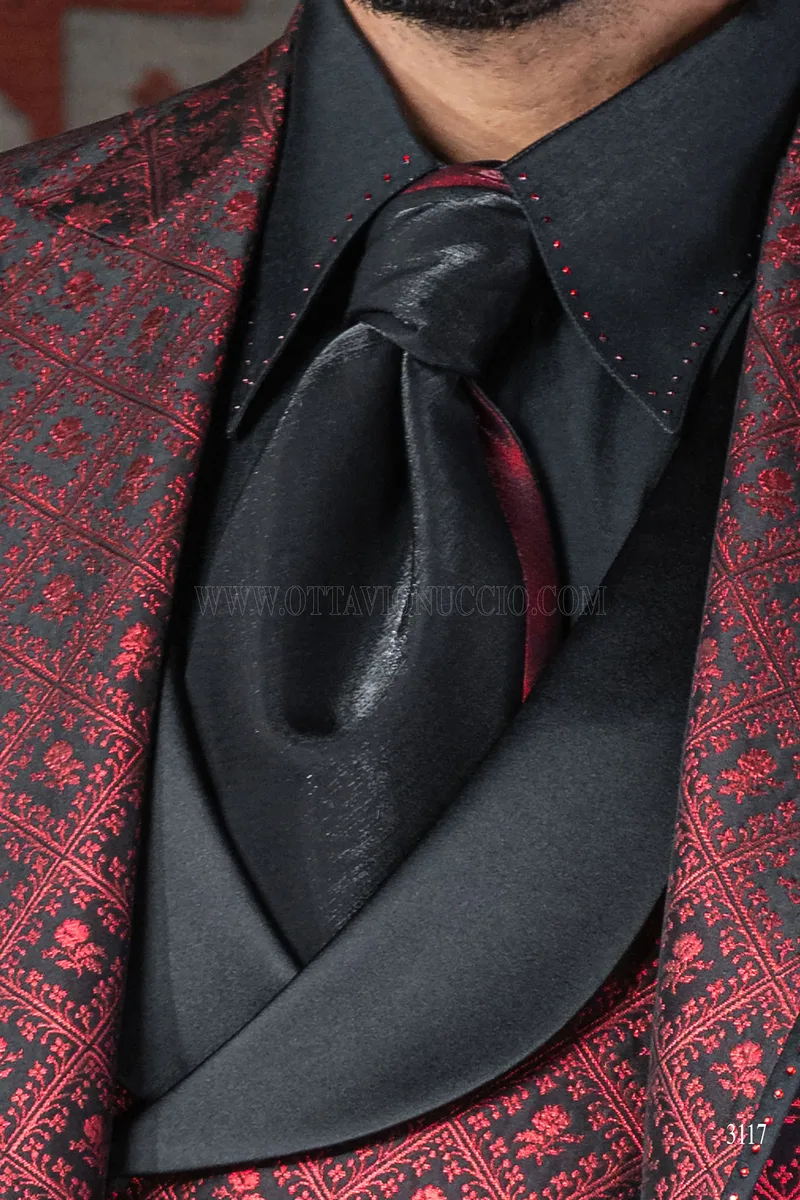 Gothic frock coat groom suit in red and black checked brocade 5