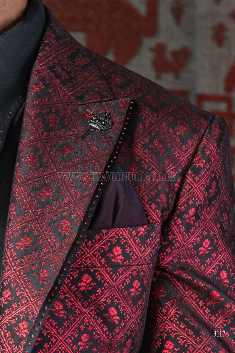Gothic frock coat groom suit in red and black checked brocade 6