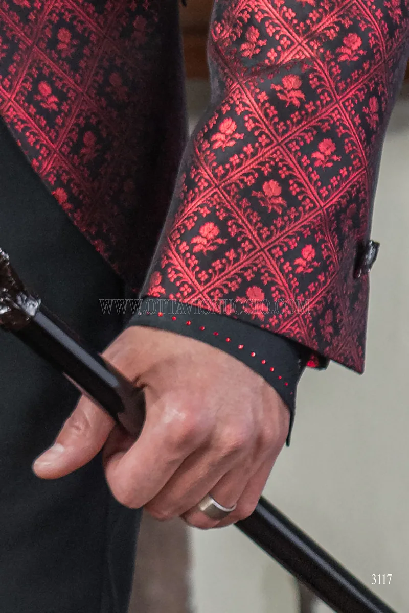 Gothic frock coat groom suit in red and black checked brocade 7
