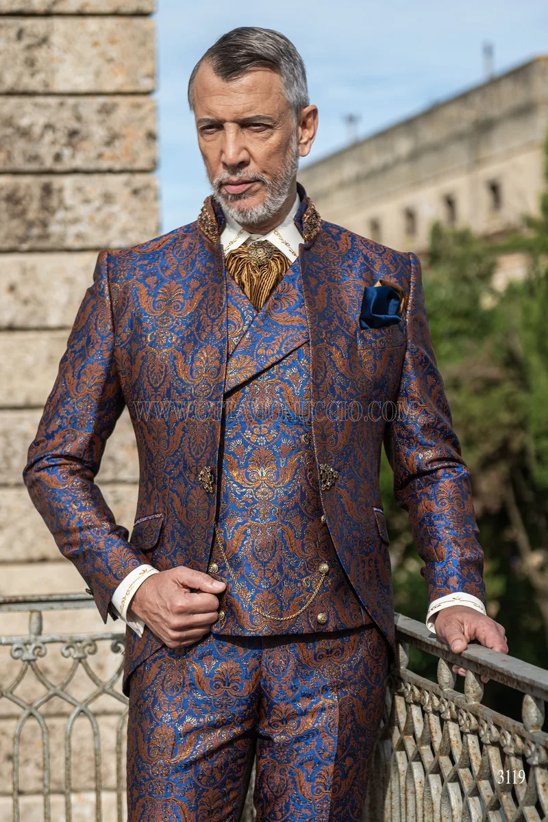 Baroque mandarin collar frock coat suit in blue and gold brocade 1
