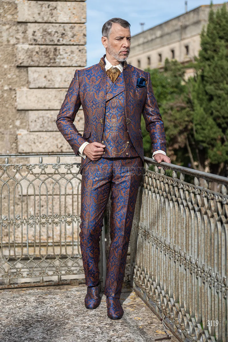 Baroque mandarin collar frock coat suit in blue and gold brocade 3